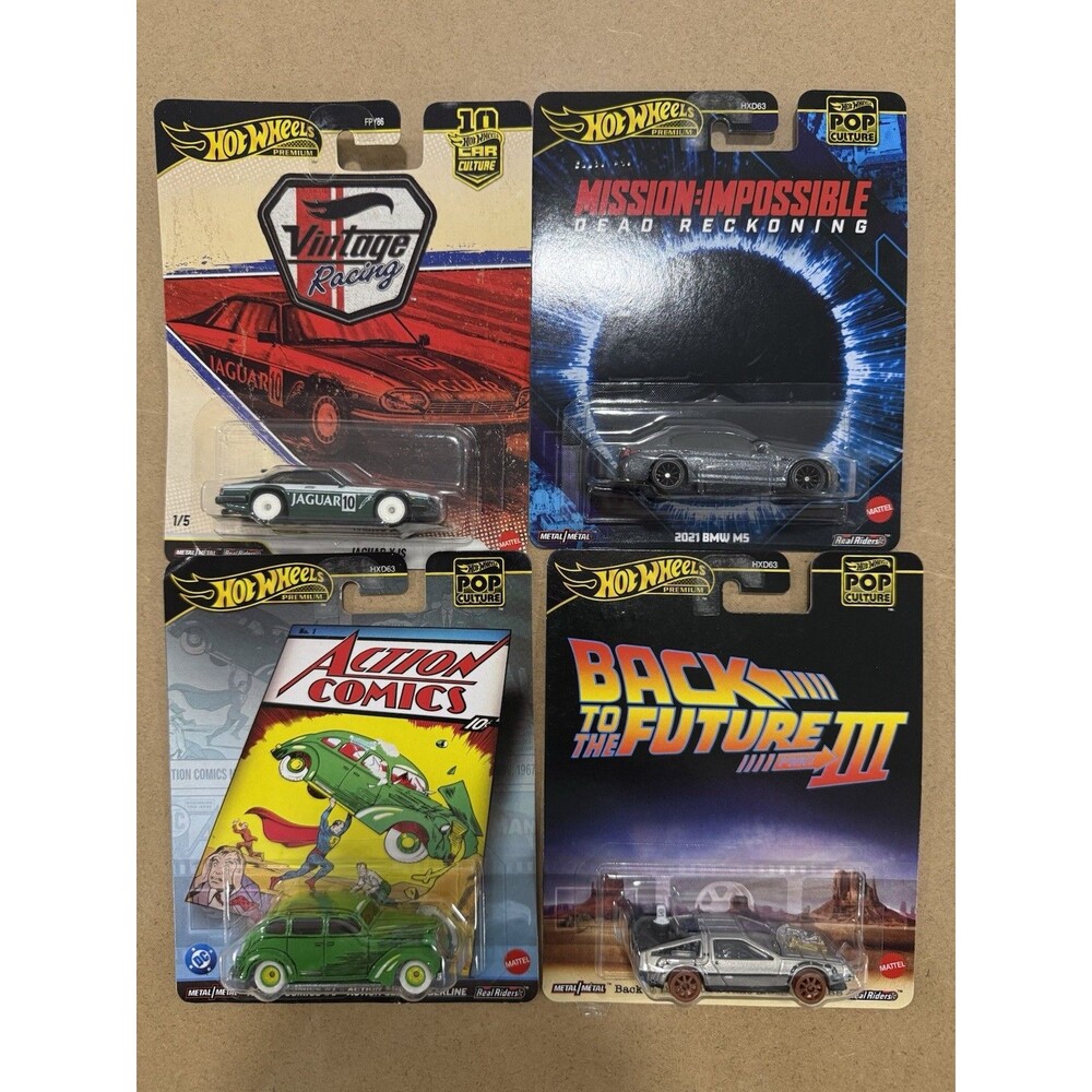 4x Hot Wheels Premium Pop Culture diecast cars featuring Real Riders
